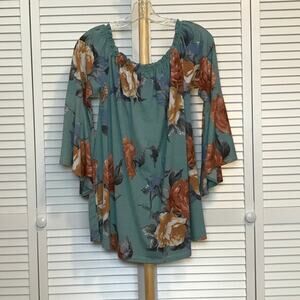 Emerald Floral Off-the-Shoulder Long Bell Sleeve Blouse